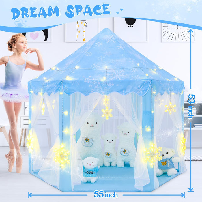 Frozen Princess Tent with Large Snowflake Lights for Girls Age 4-7, Kids Play Tent for Girls Indoor, Princess Castle Playhouse for Toddlers, Blue Frozen Toy 55X53 Inch