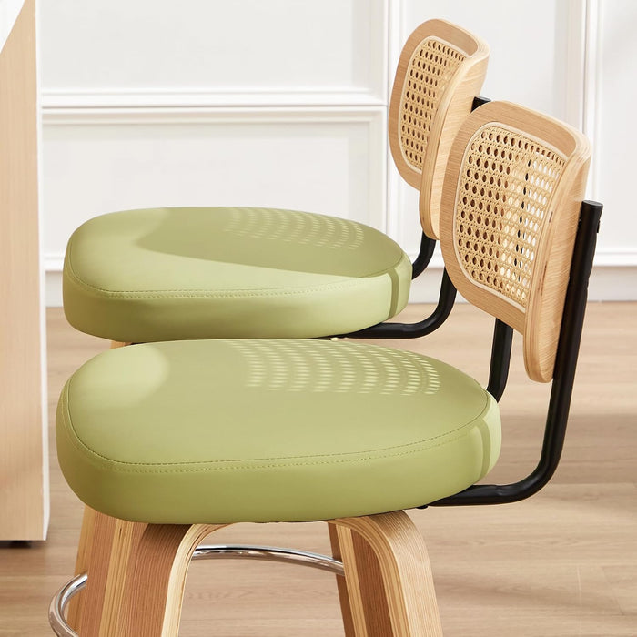 Rattan Bar Stools Set of 2,Upholstered PU Leather, 30''Counter Height Barstools with Back and Wood Legs,360°Swivel,Mid-Century Modern Bar Stool for Kitchen Island Dining Room and Bar(Grass Green)