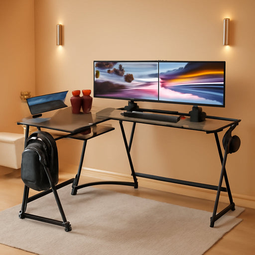 Vista L-Shape Desk with Monitor Stand, Rustic Brown
