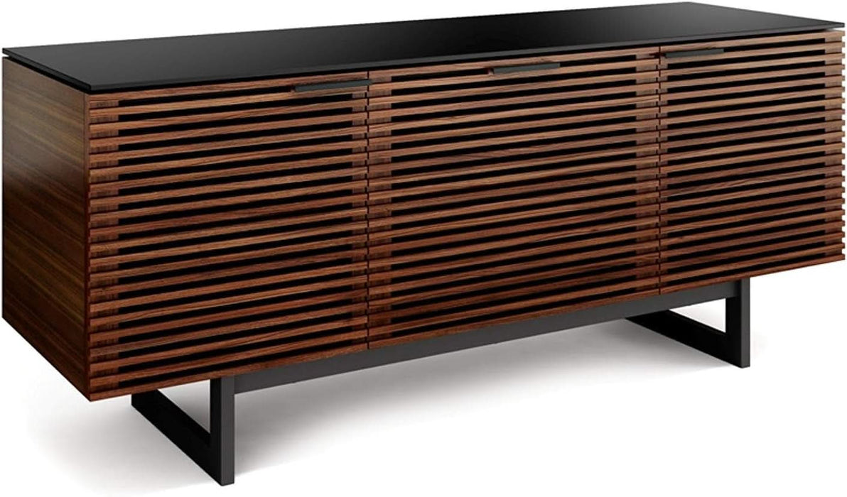 Corridor 8177-65'' TV Stand for Tvs up to 70" with Soundbar Shelf, Storage Drawer, Cable Management, Remote-Friendly Louver Doors, Satin-Etched Glass Top, Chocolate Stained Walnut