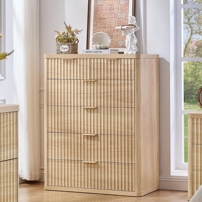 Farmhouse Fluted 6 Drawers Dresser for Bedroom, 42" Tall Modern Chest of Drawers with Curved Profile Design & Metal Handle,Natural Wood Drawer Organizer for Bedroom