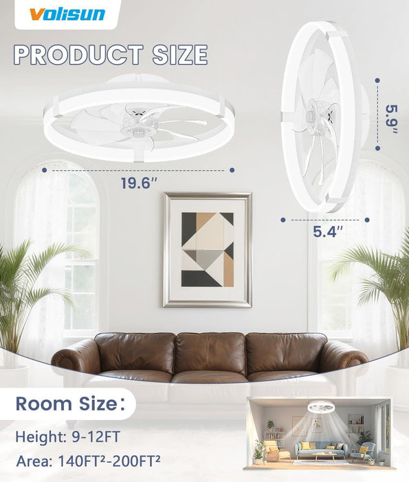 Low Profile Ceiling Fans with Lights and Remote, 19.7In Flush Mount Ceiling Fans with Light, 3000K-6500K Dimmable Fandelier Ceiling Fan, Bladeless Ceiling Fan for Bedroom(White)