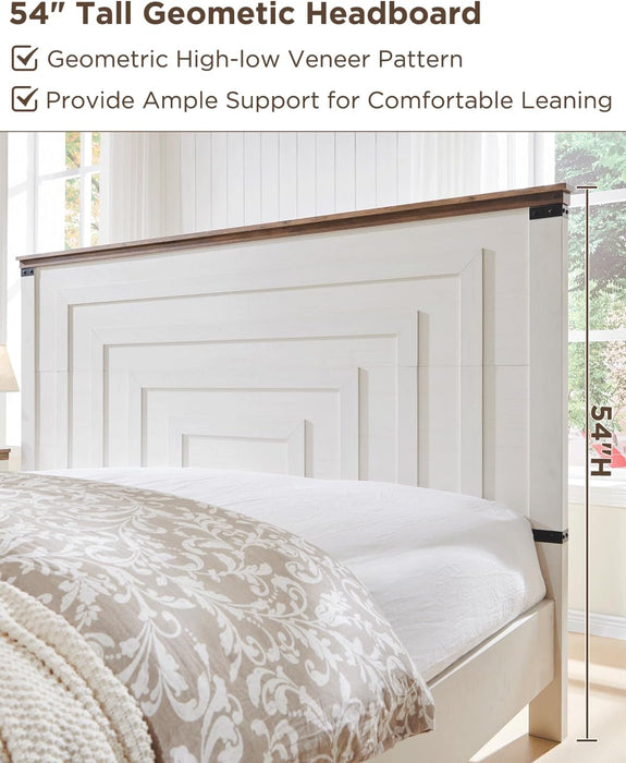 Farmhouse King Size Wood Bed Frame with 54" Tall Geometric Headboard, 2 Large Storage Drawers, Solid Wood Slats Support, Noise Free, No Box Spring Needed, Antique White