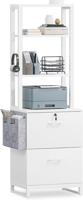 2 Drawer File Cabinet, Filing Cabinet with Lock Fits Letter, Legal, A4 Size, File Cabinets for Home Office with Storage Bag, Open Shelf and Hook, White