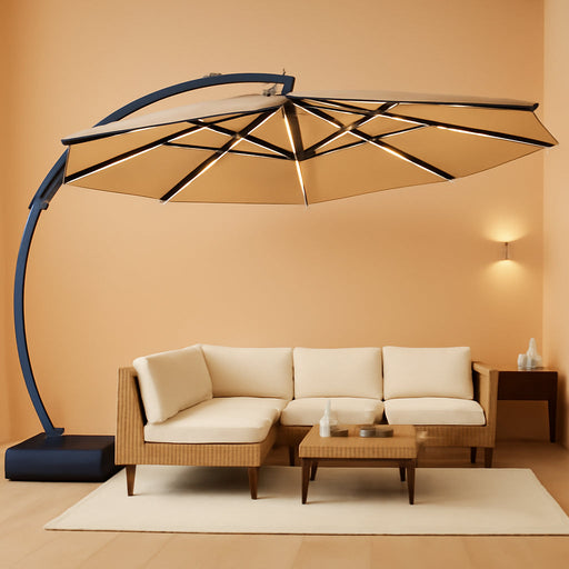 11FT Solar Powered LED Light Cantilever Patio Umbrella with Base Included, Large Cantilever Umbrella with 360°Rotation, Heavy-Duty Offset Outdoor Umbrella for Patio,Pool,Backyard (Champagne)