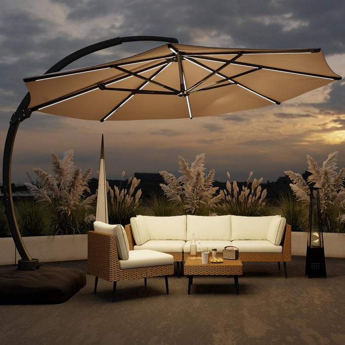 11FT Solar Powered LED Light Cantilever Patio Umbrella with Base Included, Large Cantilever Umbrella with 360°Rotation, Heavy-Duty Offset Outdoor Umbrella for Patio,Pool,Backyard (Champagne)