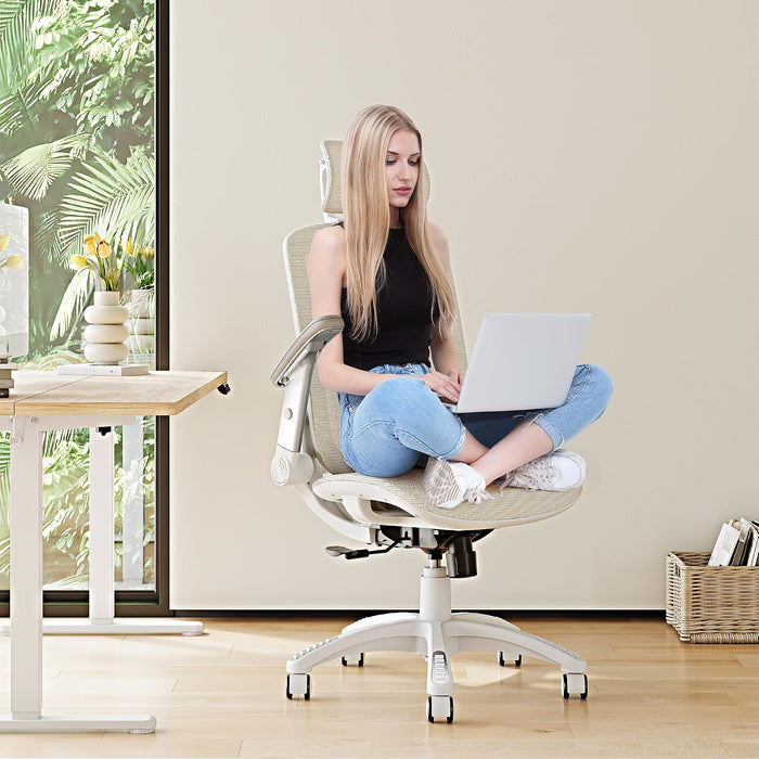 Ergonomic Office Chair, High Back Home Desk Chair with Headrest, Flip-Up Arms, 90-120° Tilt Lock and Wide Cushion, 300LBS Mesh Chairs for Man Woman, White Task Chair(Beige,Gy01Wbg)