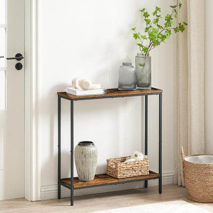 29.5" L Narrow Console Table, Sofa Table behind Couch with 2-Tier Storage Display Shelves, 8.7" D Small Entryway Table for Hallway, Foyer, Living Room, Bedroom, Rustic Brown and Black BF22XG01