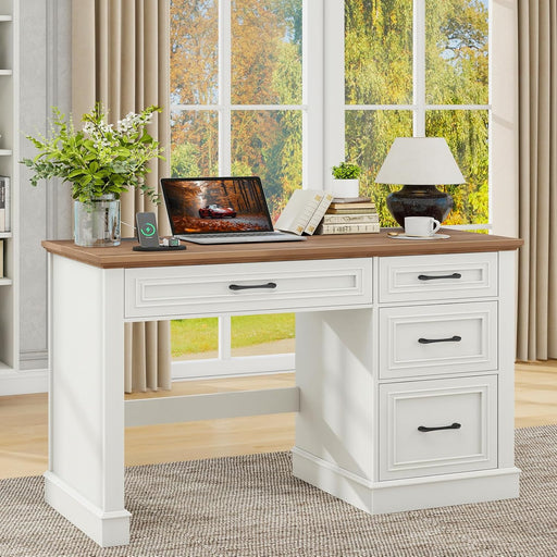 Farmhouse 47" Executive Desk, Computer Desk with Drawers and File Drawer, Workstation Computer Desk with Charging Station for Home Office,Study,Unique White.