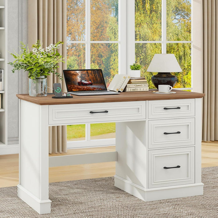 Farmhouse 47" Executive Desk, Computer Desk with Drawers and File Drawer, Workstation Computer Desk with Charging Station for Home Office,Study,Unique White.