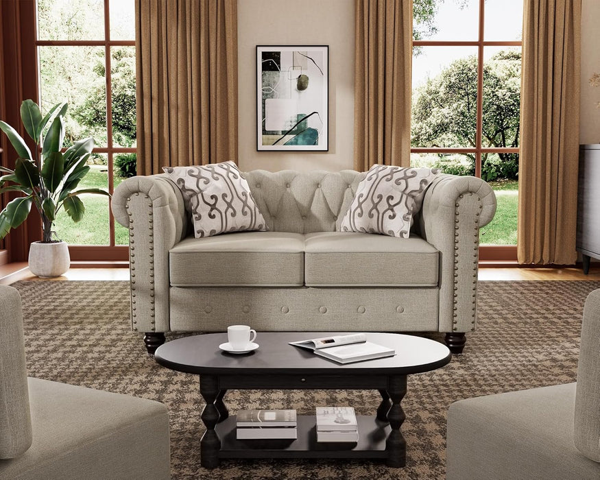 3 Piece Classic Chesterfield 6-Seater Set, Tufted Chair & Loveseat & Sofa Solid Wood Legs Thick Cushion, Pet-Friendly Couch Set Furniture for Living Room Bedroom Apartment, Linen Beige