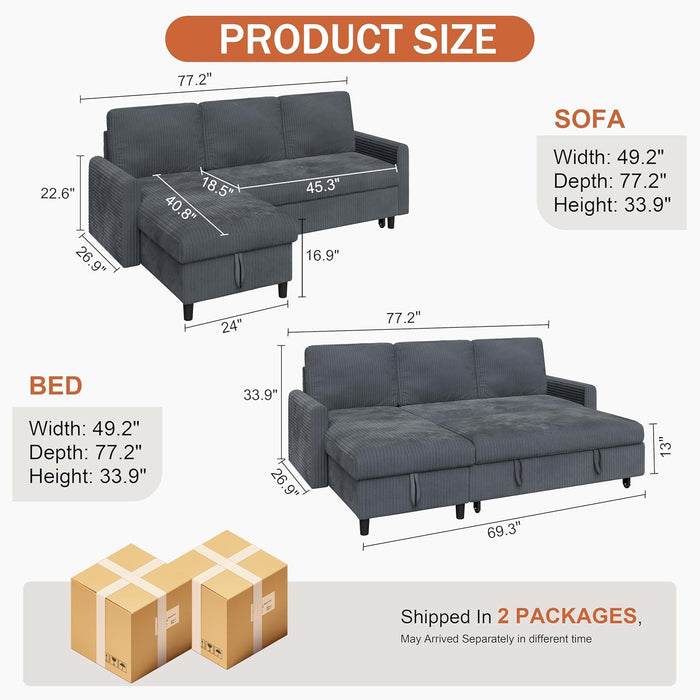 Dark Grey Corduroy Sleeper Sofa With HiddenStorage