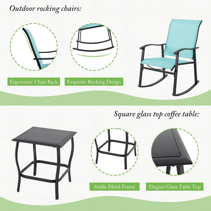 3 Piece Rocking Bistro Set, Outdoor Furniture with Rocker Chairs and Glass Coffee Table Set of 3, Balcony, Porch Furniture for Small Space, Blue