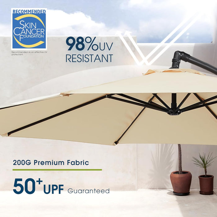 10Ft Patio Umbrella with Base Included, Outdoor Offset Cantilever Umbrella with Sandbag Base for Backyard, Garden and Pool, Easy to Tilt and Crank, Beige