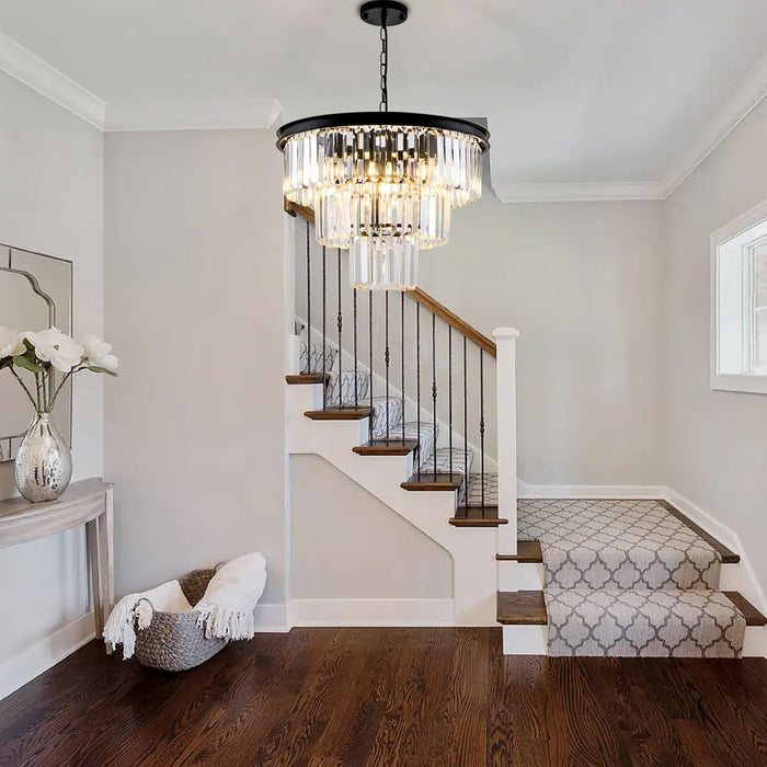 8 Light Modern Crystal Chandelier 20'' Black Chandeliers for Dining Room Contemporary Pendant Light Fixture round 3-Tier Adjustable Height E12 for Living Room, Foyer, Entryway, Bedroom