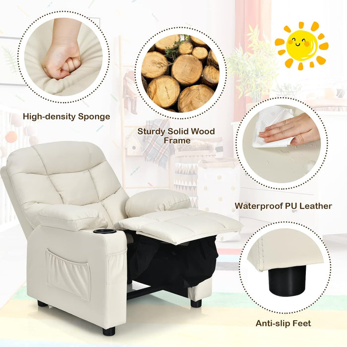 Kids Recliner Chair with Cup Holder, Adjustable Lounge Chair W/Footrest & Side Pockets for Children Boys Girls Room, Ergonomic Toddler Furniture Sofa, Kids Recliner (Beige)