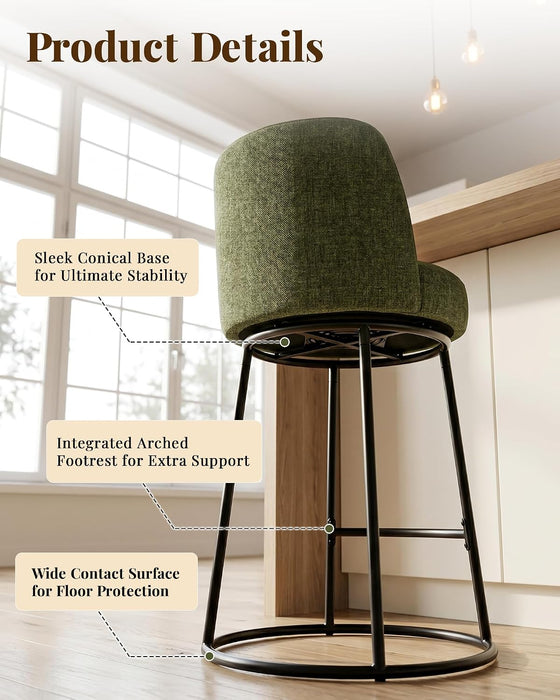360° Swivel Bar Stools Set of 2, 26" H Modern Linen Counter Height Barstools, Upholstered Counter Stools with Ergonomic Wide Back & Metal Base for Kitchen Island, Dining Room, Green