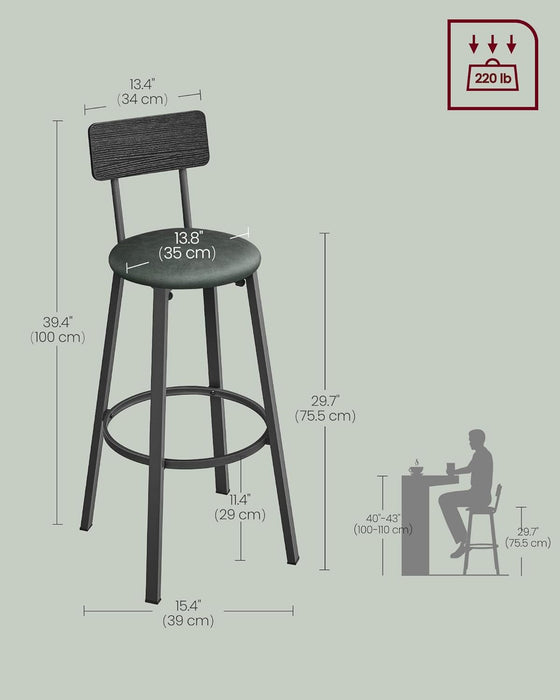 Bar Stools, Set of 2 PU Upholstered Breakfast Stools, 29.7-Inch Barstools with Back and Footrest, Simple Assembly, for Dining Room Kitchen Counter, Classic Black and Forest Green ULBC069C01