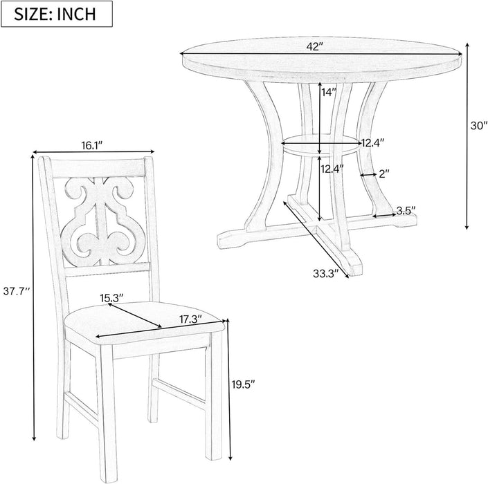 5 Piece round Dining Table Set 4 Retro Chairs with Special-Shaped Table Legs, Exquisitely Designed Hollow Chair Back for Dining Room, Gray