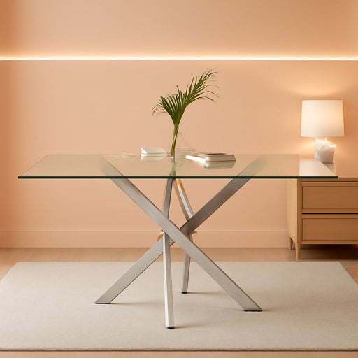 Tempered Glass Dining Table with Chromed Legs, 47In Rectangular Kitchen Table for Kitchen Dining Room Home Office (47.24 * 27.55, White/Silver)