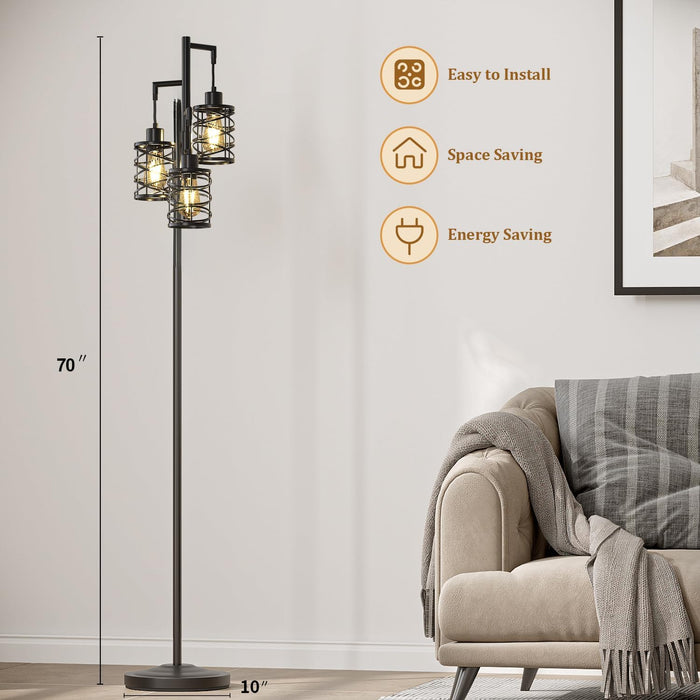 70" Industrial Floor Lamp, Stepless Dimmable Standing Lamp with 3 Bulbs, Farmhouse Corner Standing Tree Lamp for Living Room, Tall Lamps for Bedroom, Office, Study Room, Dining Room, Black