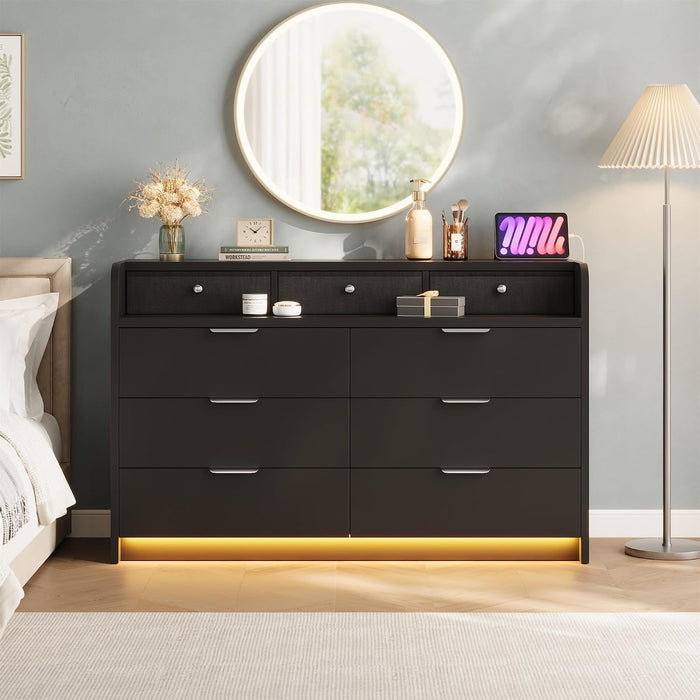 53'' Wide 9 Drawer Dresser for Bedroom, Wood TV Stand Dresser with Power Outlets & LED Light, Chest of Drawers Closet Store Organizer for Living Room, Hallway, Black