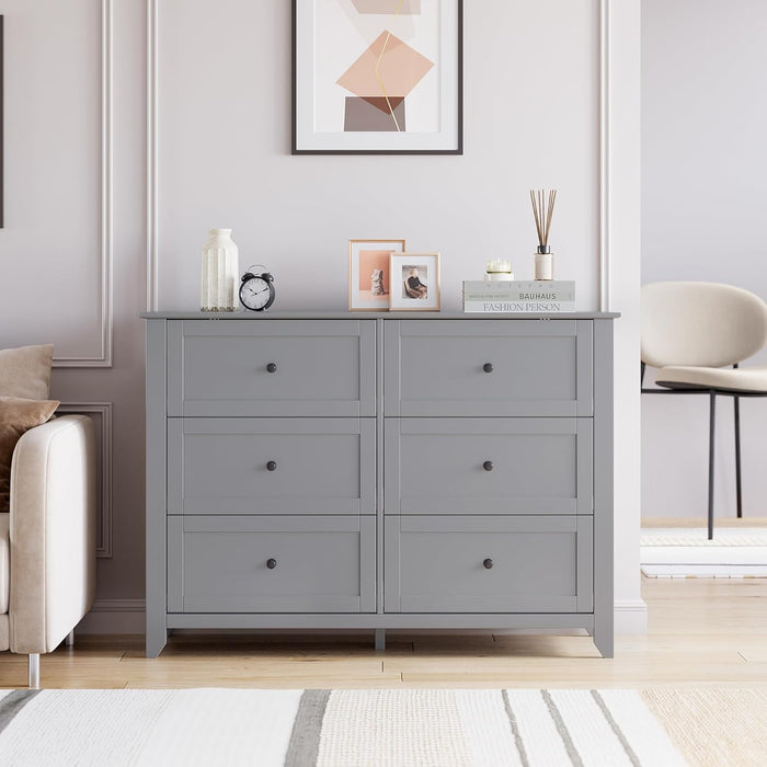 Grey 6 Drawer Dresser for Bedroom, Simply Modern Chest of Drawers, Wood Storage Double Dresser with Deep Drawers for Living Room, Hallway Entryway