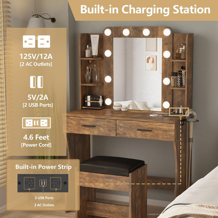 Vanity Desk with Lights,Makeup Vanity with Power Strip,Dressing Table Set with 2 Large Drawers,Vanity Mirror 3 Lighting Color Adjustable,Rustic Brown