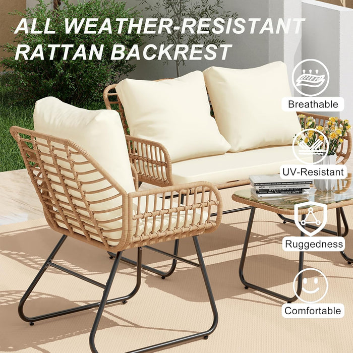 4-Piece Outdoor Patio Furniture Set with Cushions & Tempered Glass Table, All-Weather Rattan Bistro Set with Loveseat Chairs Table Soft Cushions for Garden, Porch, Backyard -Beige