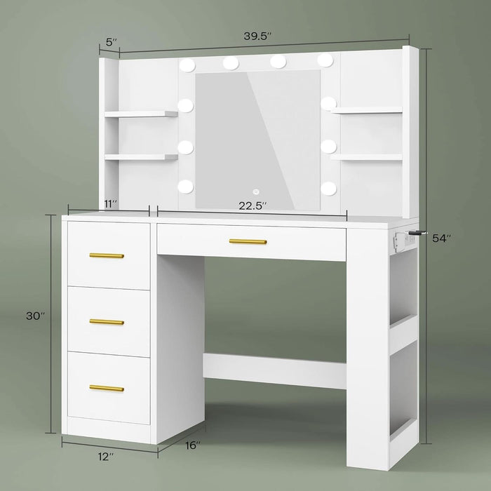 Vanity Desk with 22" Mirror, LED Lights and Power Outlet, Makeup Table with 4 Drawers, Adjustable 3 Lighting Colors, Vanity Table with Open Storage Shelves for Bedroom Dressing Room, White