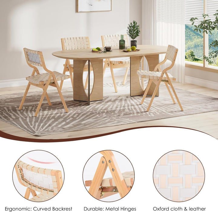 Wood Folding Chairs Set of 2, Foldable Chairs Chairs Wooden Stackable Dining Chairs for Kitchen & Dining Room Chair, Woven Seat & Webbing Back