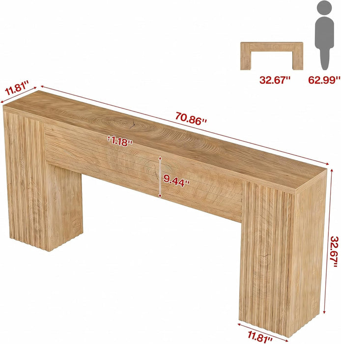 70.86" Long Fluted Console Table, Farmhouse Rectangular Entryway Table with Wooden Double Base, Narrow Wood Sofa Table behind Couch for Entrance, Hallway, Foyer, Living Room, Brown