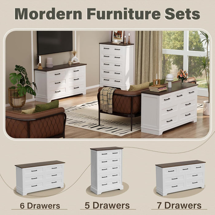 Tall Dresser for Bedroom, Farmhouse 5 Drawers Dresser, White&Brown