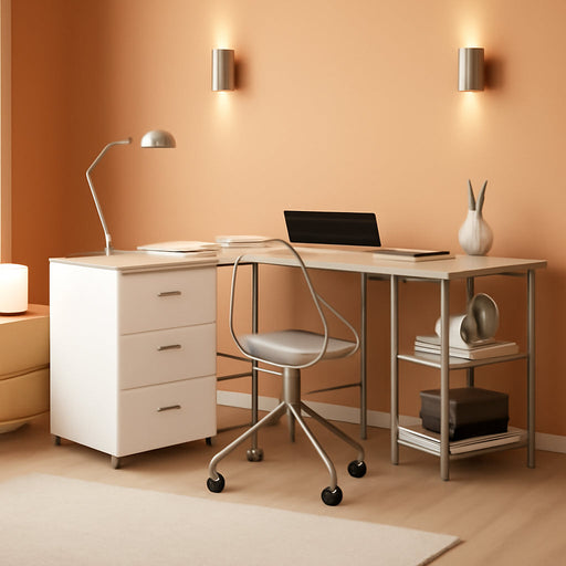 L Shaped Desk - Two-Toned Computer Desk with Drawers & Storage Shelves - Simple Modern Furniture & Home Office Space Corner Table for Work & Writing