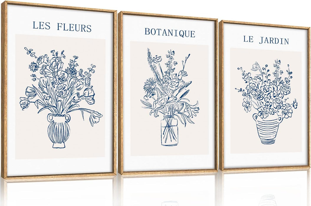 Blue Botanical Flower Framed Canvas Wall Art,Modern Aesthetic Wall Decor,Abstract Navy Blue Painting,Minimalist Line Wildflower Artwork for Living Room,Bedroom,Dining Room -16"X24"X3