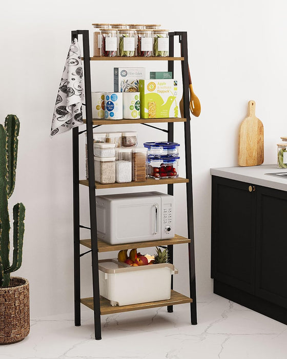 Ladder Shelf, Bookshelf, Freestanding Corner Storage Shelf | Bookcase with 2 Hooks for Office, Living Room, Kitchen, Bedroom, Industrial, 11.8"D X 23.6"W X 63"H, Rustic Brown BC19301B