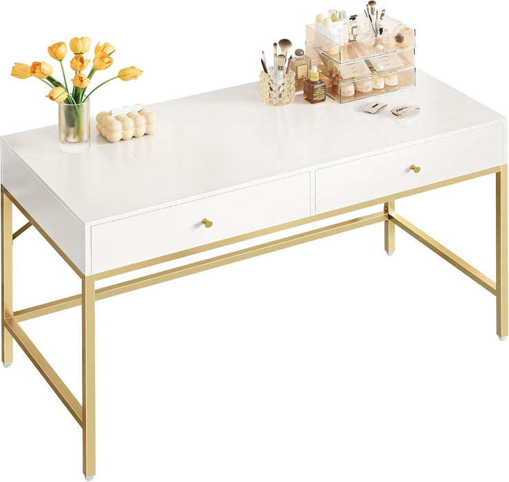 White and Gold Vanity Desk with Drawers, 47 Inch Computer Desk