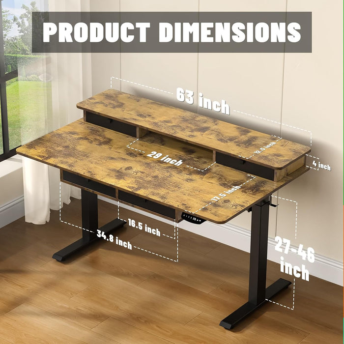 Electric Standing Desk, 63 * 30 Inches Adjustable Height with 4 Drawers, Double Storage Shelves Stand up Desk, Home Office Workstation Sit Stand up Desk (Rustic Brown)