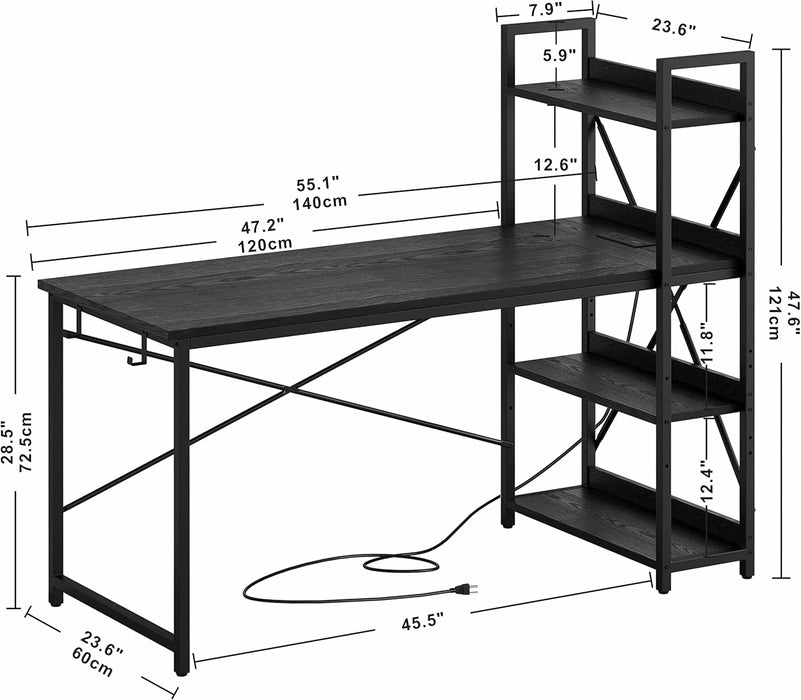 Computer Desk 55" with Power Outlet and Storage Shelves, Study Writing Table with USB Ports Charging Station, PC Desk Workstation for Home Office, Black