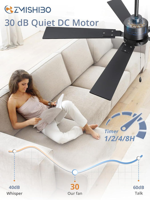 52 Inch Ceiling Fan No Light with Pull Chain, Modern Ceiling Fan without Lights, 6-Speeds, Quiet DC Motor, Remote Control, Black Ceiling Fan for Bedroom, Living Room, Indoor/Outdoor Use