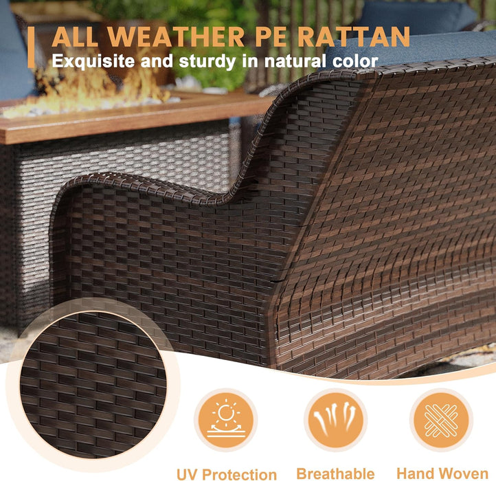 9 Piece Outdoor Patio Furniture Sets,Wicker Conversation Set with 3-Seat Sofa,2 Swivel Chair,2 Side Tables,2 Ottomans,1 Fire Table and 1 Lover Sofa for Garden,Brown Rattan Blue Cushion