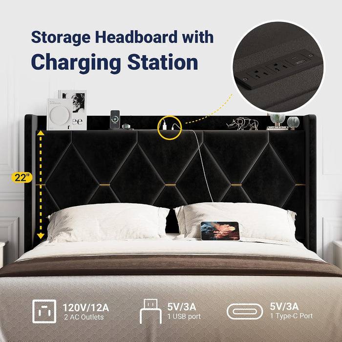 Queen Bed Frame with Storage Headboard & Smart Charging Station