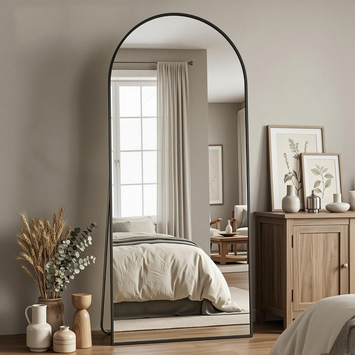 Full Length Floor Mirror Arched Standing Mirror with Aluminum Frame - Freestanding Wall Mount Leaning Body Mirror for Bedroom Living Room Entryway, 71" L X 28" W, Black