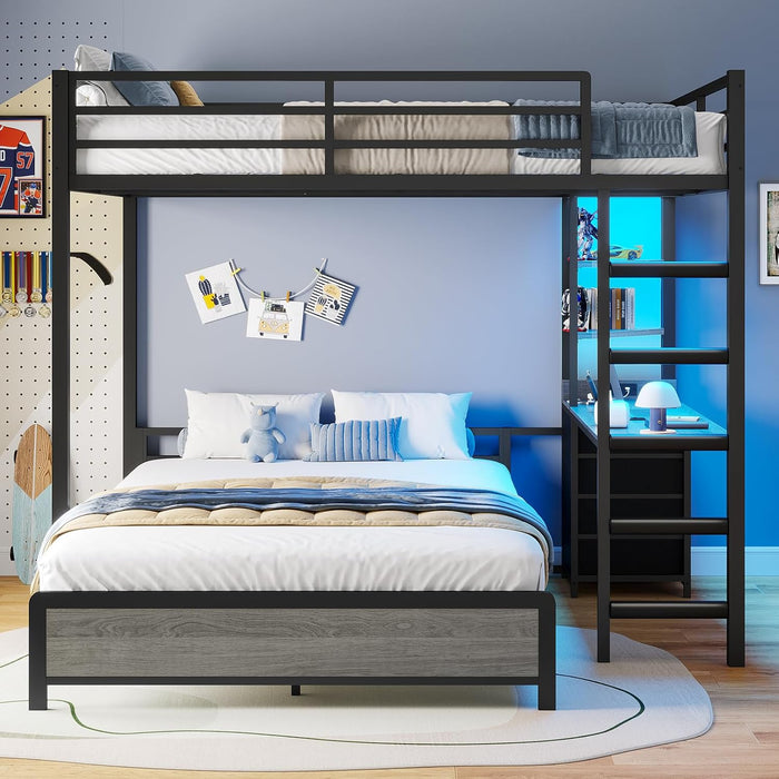 Twin over Full Bunk Bed with Desk, Bunk Beds Twin over Full Size with Charging Station & Led Lights, Storage Drawers & Shelves, Loft Bed with Safety Guardrail & Ladder for Kids/Teens, Grey