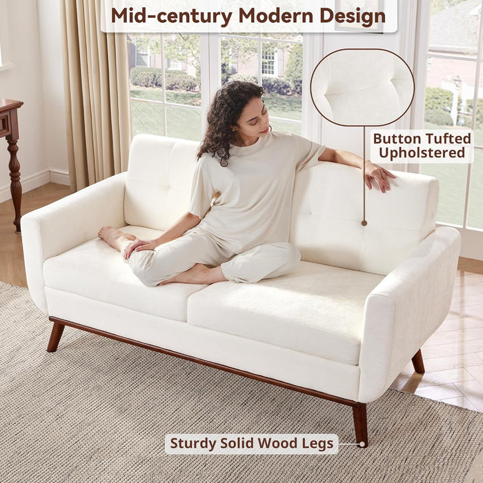 65.2" W Loveseat Sofa, Mid Century Modern Decor Love Seat Couches for Living Room, Button Tufted Upholstered Furniture, Solid & Easy to Install Small Couch for Bedroom Office Apartment, White