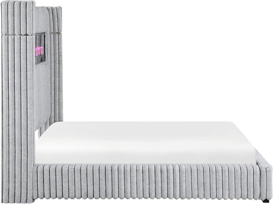 Corduroy Upholstered Bed Frame, Remote Fireplace, Built-In Speaker, Wingback Queen Bed Frame with Headboard, Wooden Slats, Box Spring Needed, Assembly Required, Two-Tone Gray