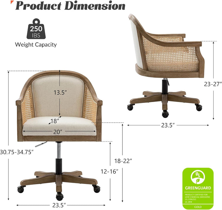 Rattan Desk Chair, Vintage Upholstered Home Office Chair, Ivory