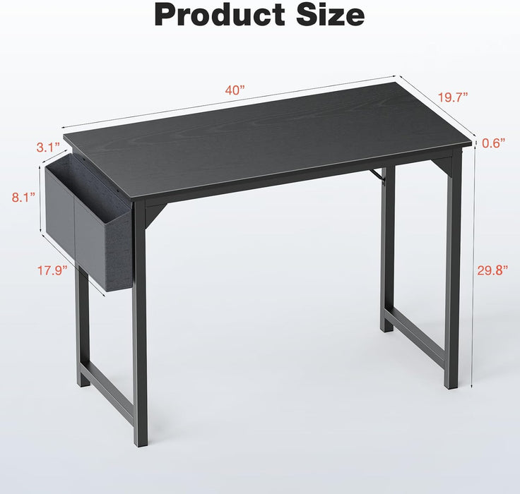 Computer Small Office Desk 40 Inch Writing Study Work with Storage Bag, Headphone Hooks, Home Simple Modern Wood Kids Student Table - Black