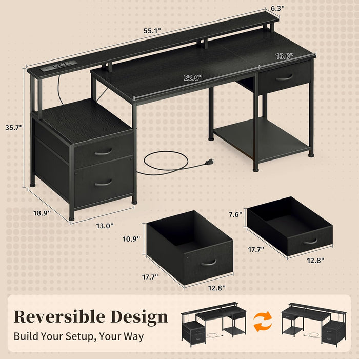 55" Computer Desk with File Drawer, Printer Space, Dark Black