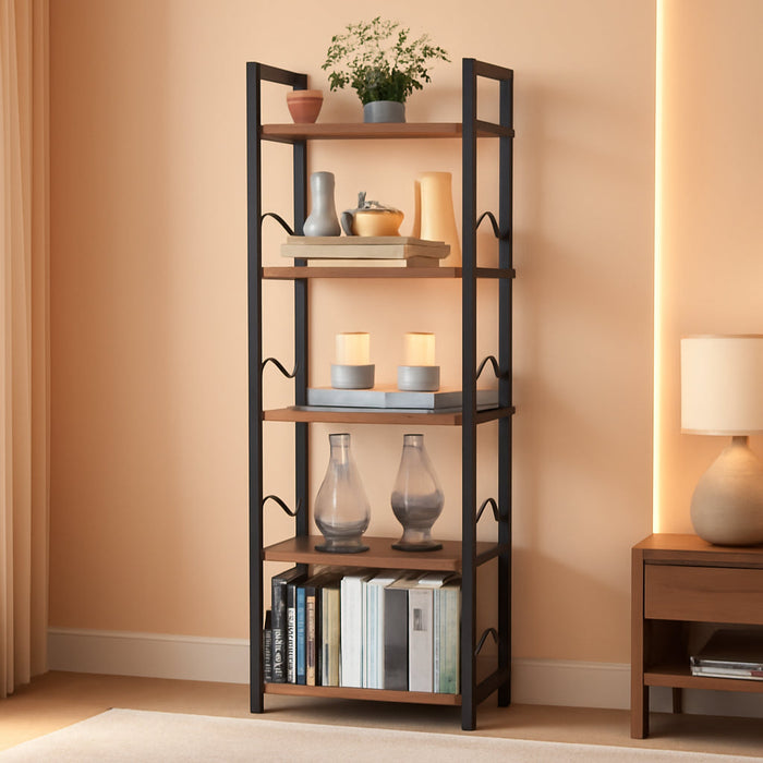 Book Shelf Small Bookshelf: 3-Tier Wood Bookcase Industrial Bookshelf with Edge Protection Metal Narrow Bookshelves Storage Organizer Display Rack for Bedroom (Rustic Brown, 5-Tier)